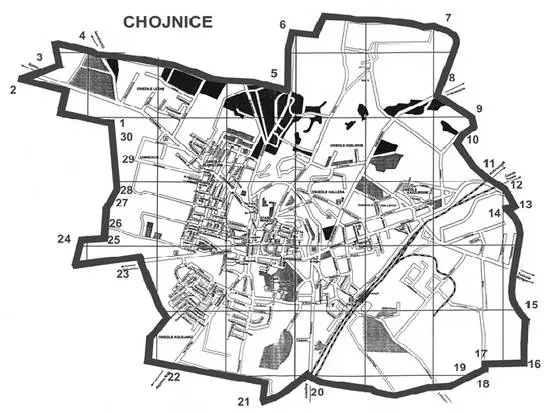 Mapa przedstawiająca granice miasta Chojnice z wytyczonymi punktami do opisu. Opis zamieszczony pod grafiką.