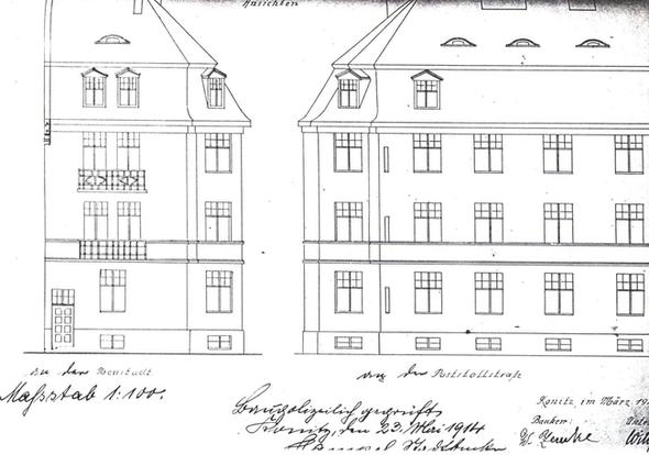 Kamienica mieszkalna – Nowe Miasto 1 (Widok elewacji Nowe Miasto 1 w pozwoleniu na remont z 1914 r.)