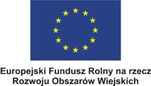 Logo - Europejski Fundusz Rolny na rzecz Rozwoju Obszarów Wiejskich oraz flaga prostokątna z granatowym tle. Na tle dwanaście pięcioramiennych żółtych gwiazd