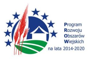 Logo - Program Rozwoju Obszarów Wiejskich na lata 2014 - 2020. Na obrazku osiem granatowych pięcioramiennych gwiazd. Z lewej strony w okręgu cztery źdźbła żyta, z prawej dom, a pod nim zielona polana.