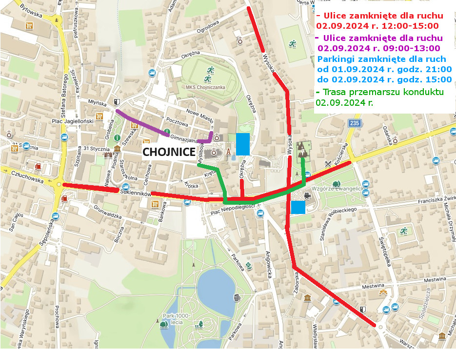 Mapka z wykazem zamkniętych ulic w dniu 2 września 2024 r. 