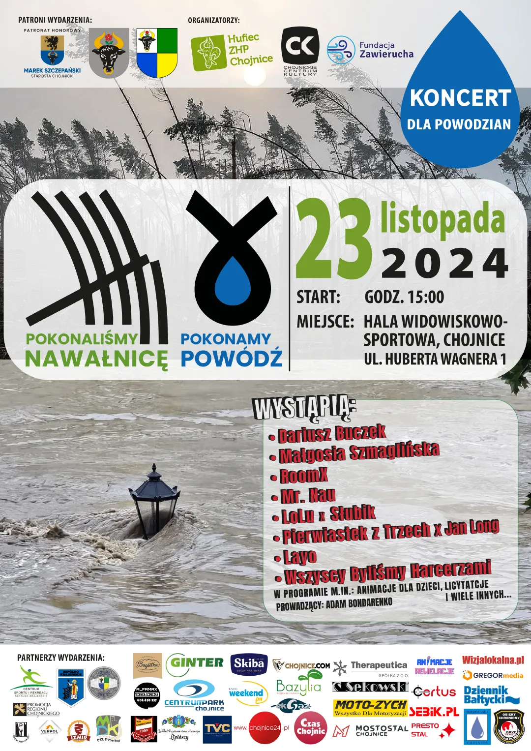 Plakat informujący o koncercie dla powodzian "Pokonaliśmy nawałnicę, pokonamy powódź"