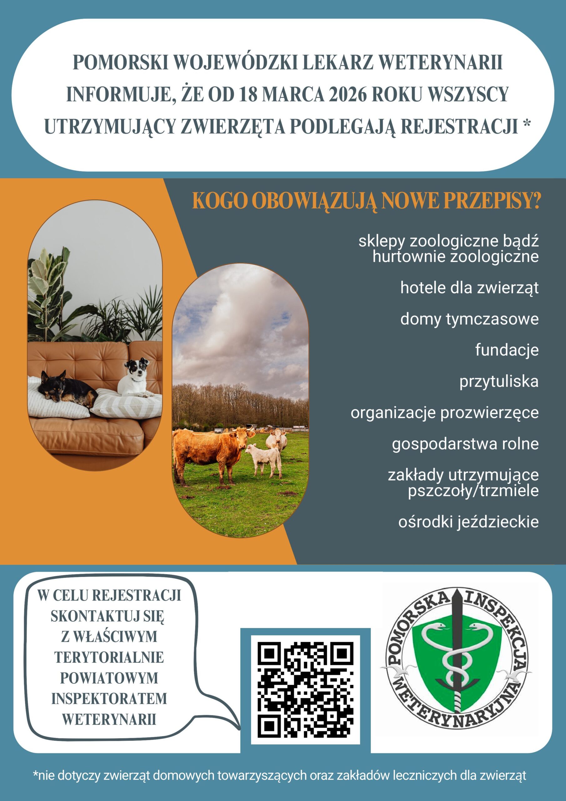 Plakat informujący o obowiązku przekazania zaktualizowanych i uzupełnionych danych Powiatowemu Lekarzowi
Weterynarii w Chojnicach. Na plakacie zdjęcia zwierząt - psy i krowy, kod QR do kontaktu z Powiatowym Inspektoratem Weterynarii oraz logo Pomorskiej Inspekcji Weterynaryjnej 