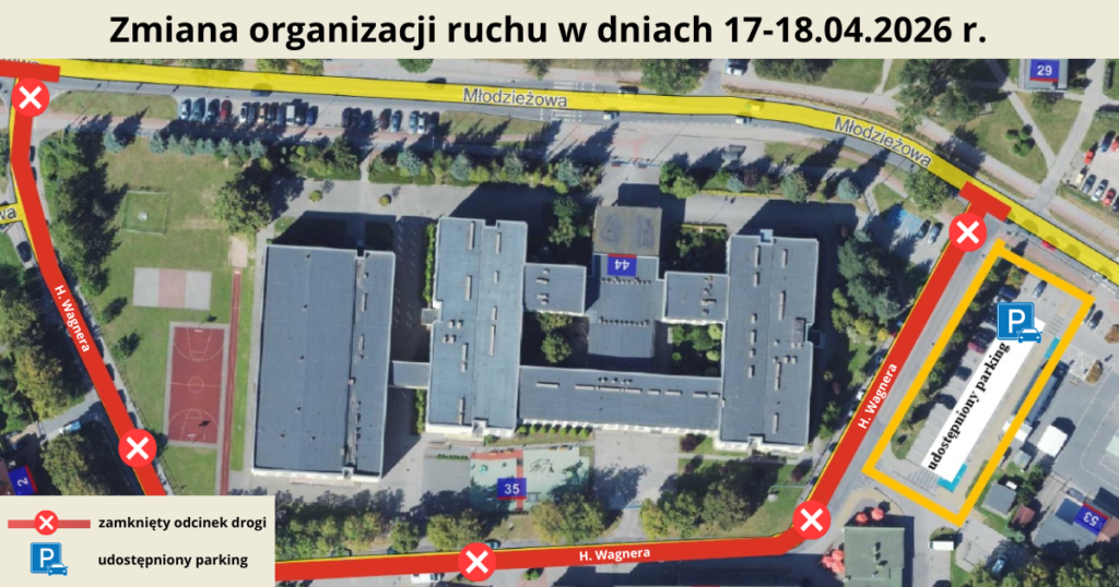 Mapa z zaznaczonym zamkniętą ulicą H. Wagnera