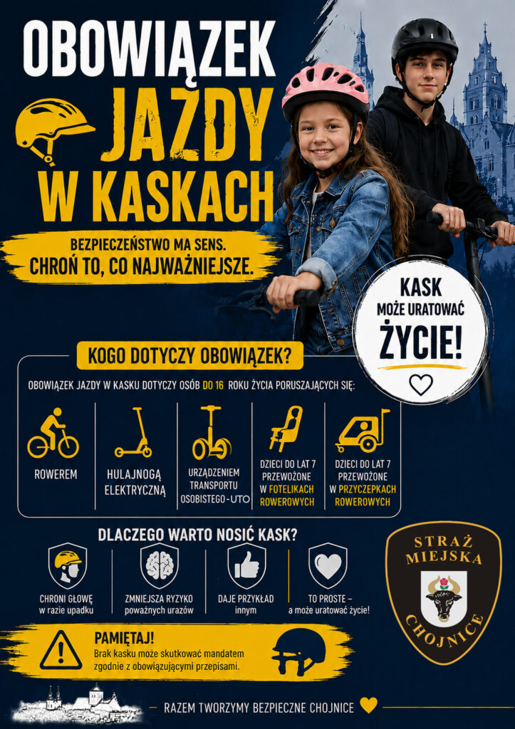 Plakat dotyczący obowiązku jazdy w kaskach